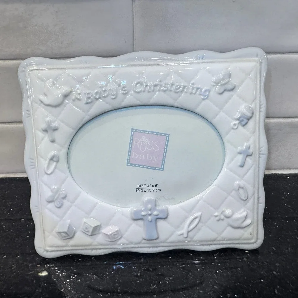 Russ Baby Ceramic Christening Picture Frame White Blue 4x6 Oval Baptism Keepsake